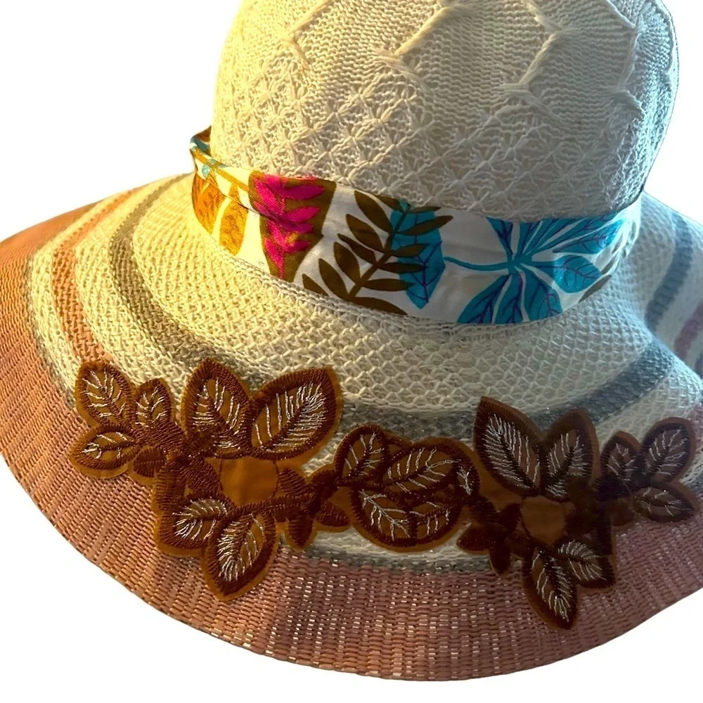 Pretty Floppy Beach Hat embroidered flowers sun block beach party unisex